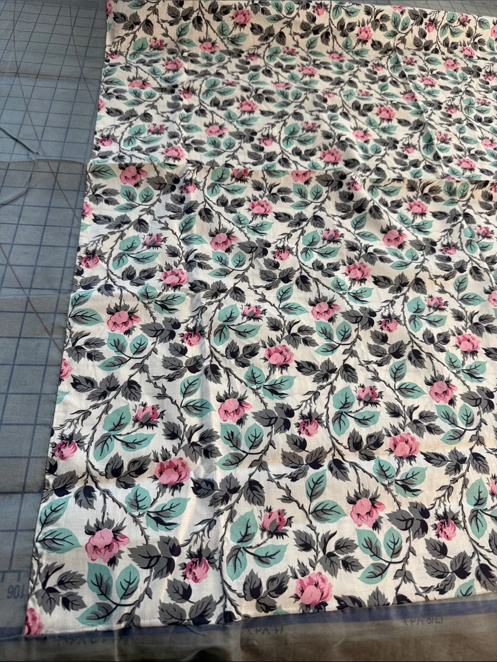 Vintage 1950s Floral Cotton Tablecloth Gray Organdy Border 52x52 Pink Rose